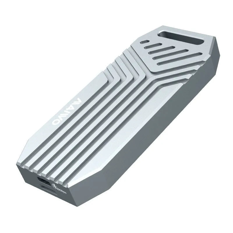 Thunderbolt 4 compatible M.2 SSD aluminium external enclosure in silver or grey colour with compact dimensions