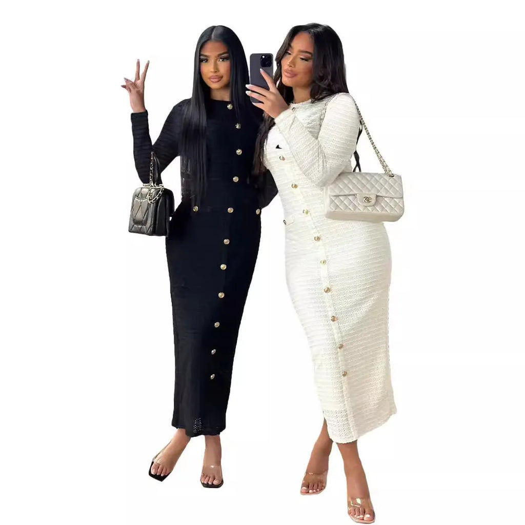 French retro slim fit knitted long-sleeved dress with button front in black or white.