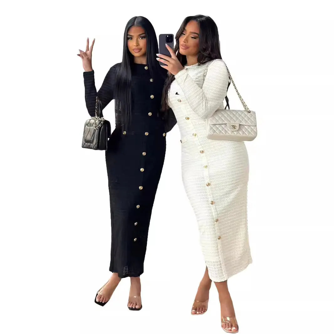 French retro slim fit knitted long-sleeved dress with button front in black or white.