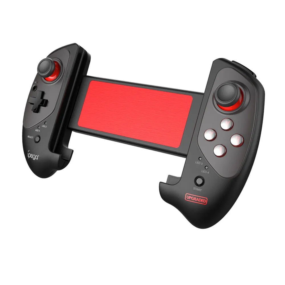 Red telescopic gamepad controller with USB cable showing expanded phone holder