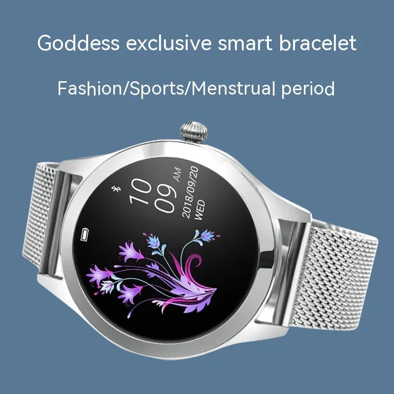 Women's multi-functional sports smartwatch showing heart rate monitoring and waterproof features