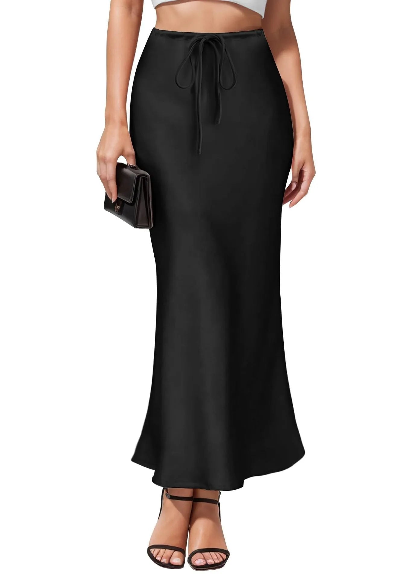 Acetate satin asymmetric skirt with irregular stitching in high-waist design, showing colour options