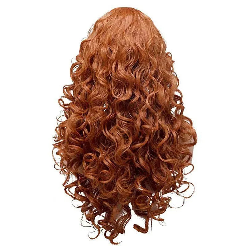 Brown long wavy curly synthetic wig with instant noodles fluffy texture on wig head