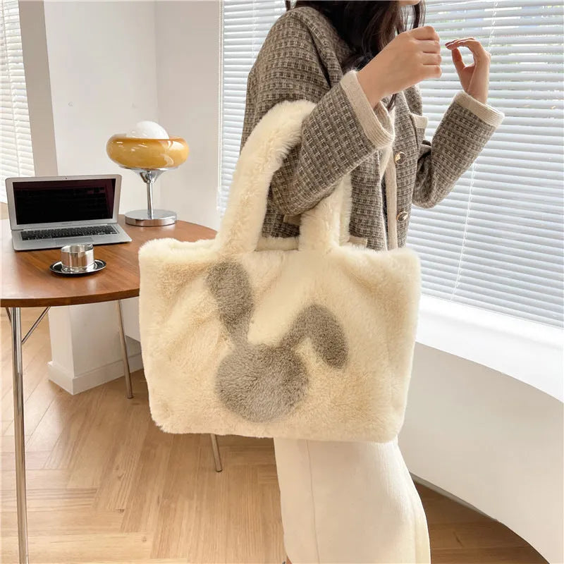 Cartoon rabbit ears plush shoulder bag in solid colour with large capacity