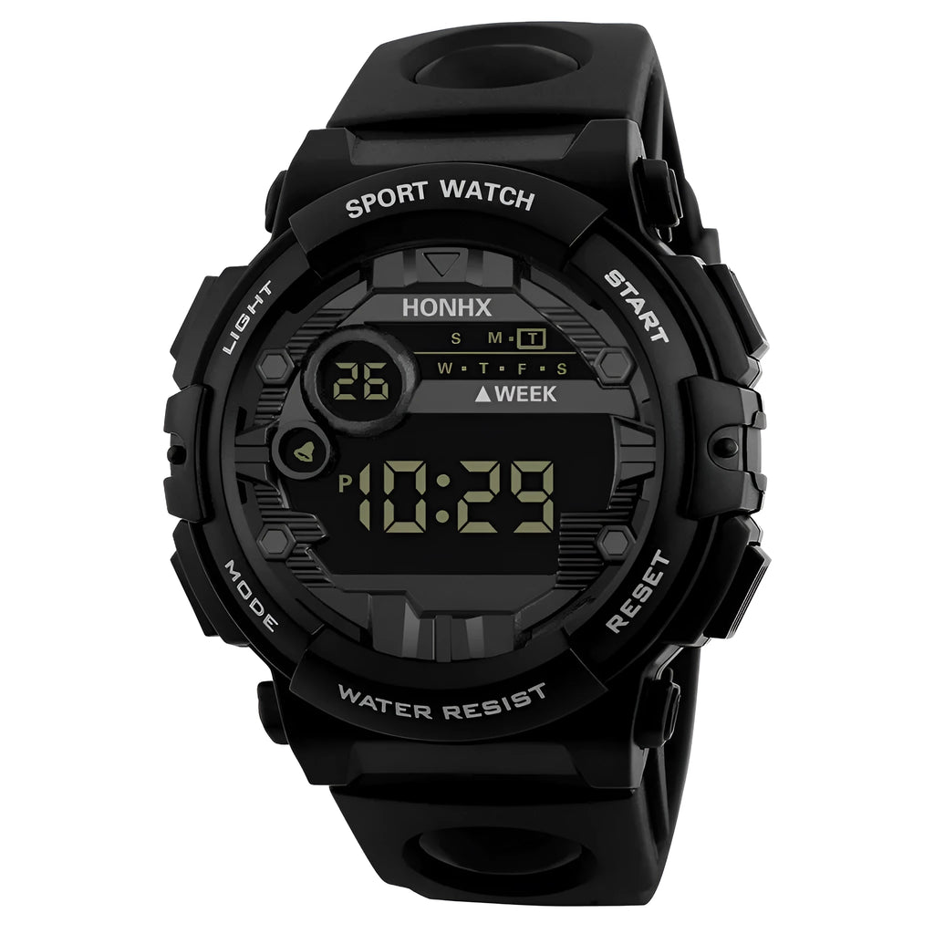 Digital electronic watch for boys and girls with LED display, round resin case, PU strap, black colour option