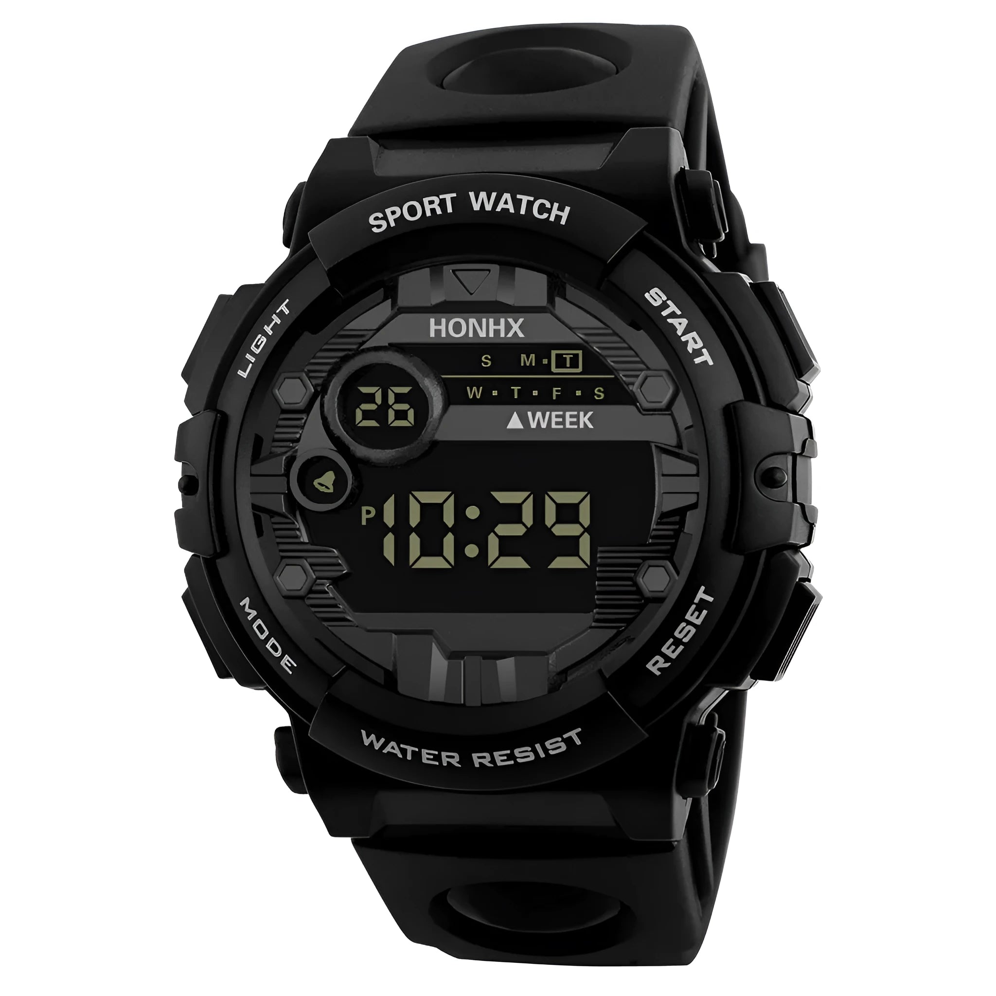 Digital electronic watch for boys and girls with LED display, round resin case, PU strap, black colour option