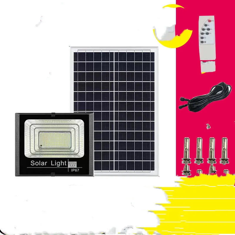 Black solar LED flood light with multiple wattage options and remote control for outdoor garden use