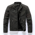 Men's brown PU leather biker jacket with front zip and lapel collar on a plain background
