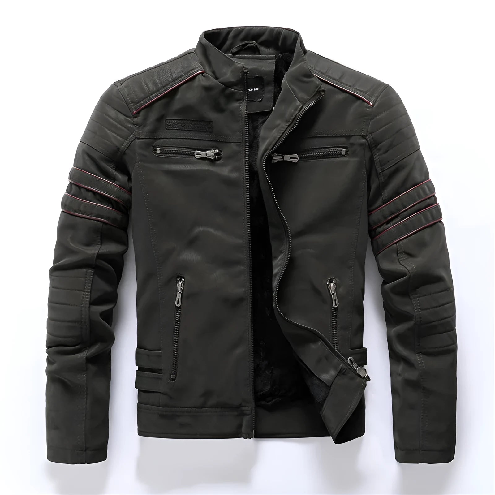 Men's brown PU leather biker jacket with front zip and lapel collar on a plain background