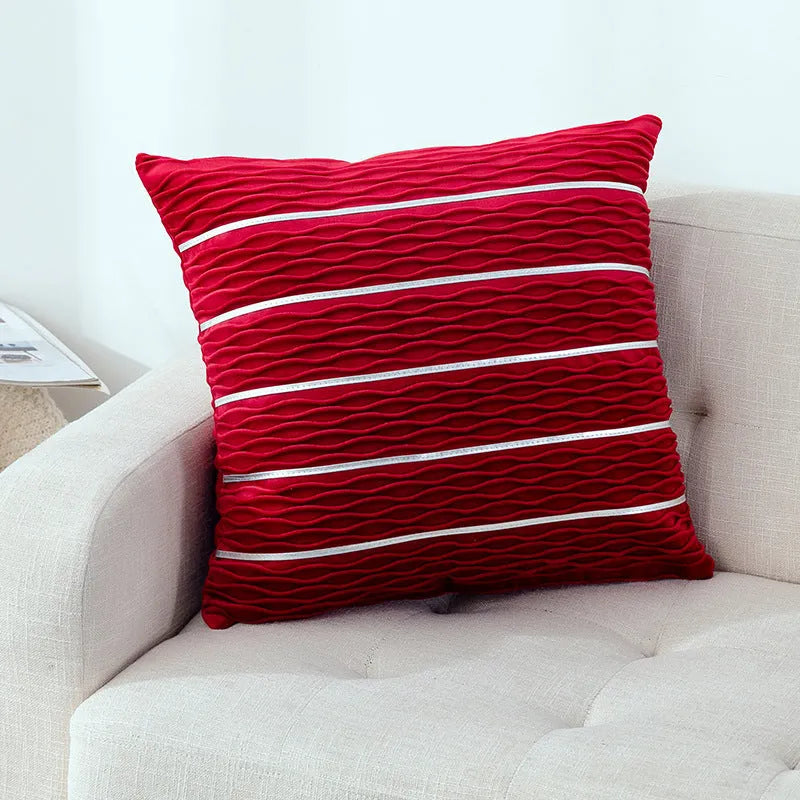 45 cm square velvet cushion cover in striped design showing wine red colour option