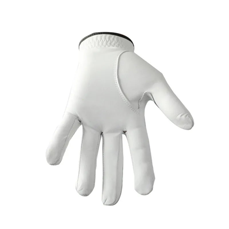 Men's white half sheepskin golf glove showing non-slip palm and breathable back.