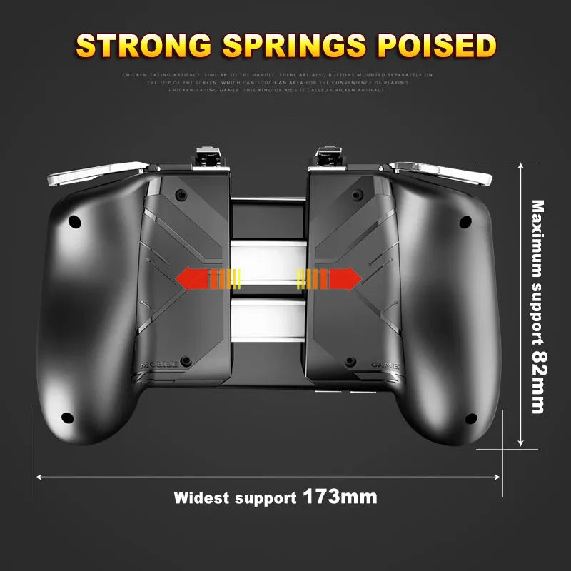 Collapsible mobile gaming controller handle for smartphones in black, blue, and white colours.