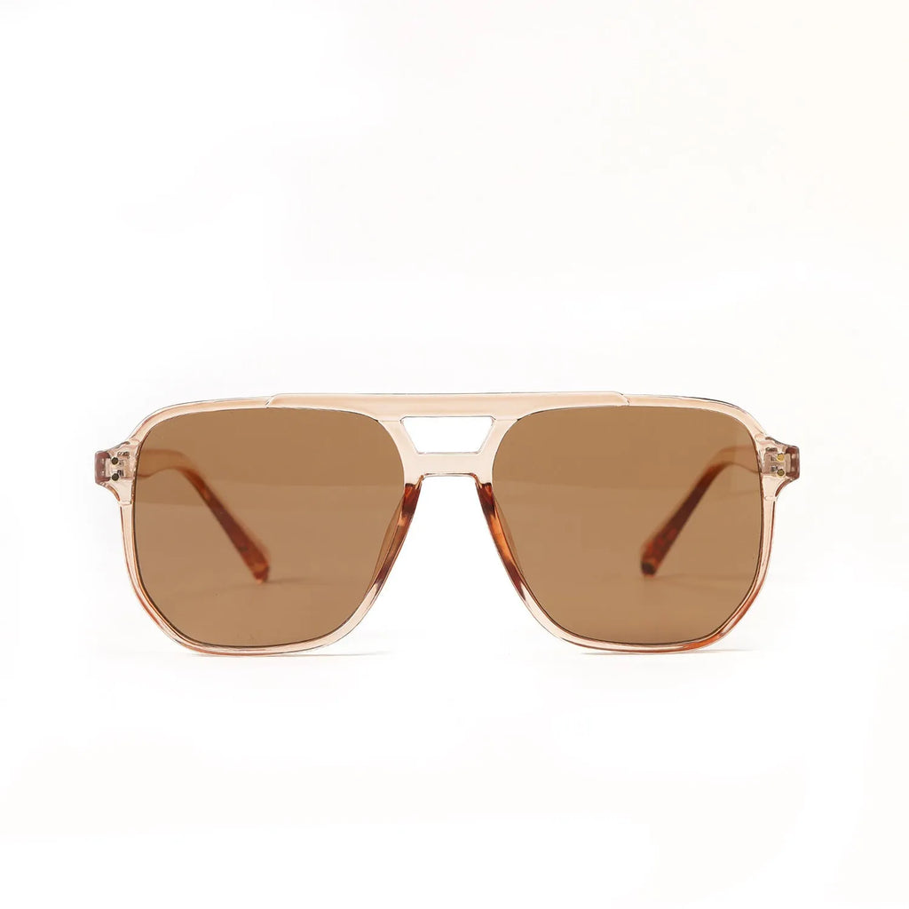 Square double beam fashion sunglasses for women in black frame with pink lens, showing UV400 protection.