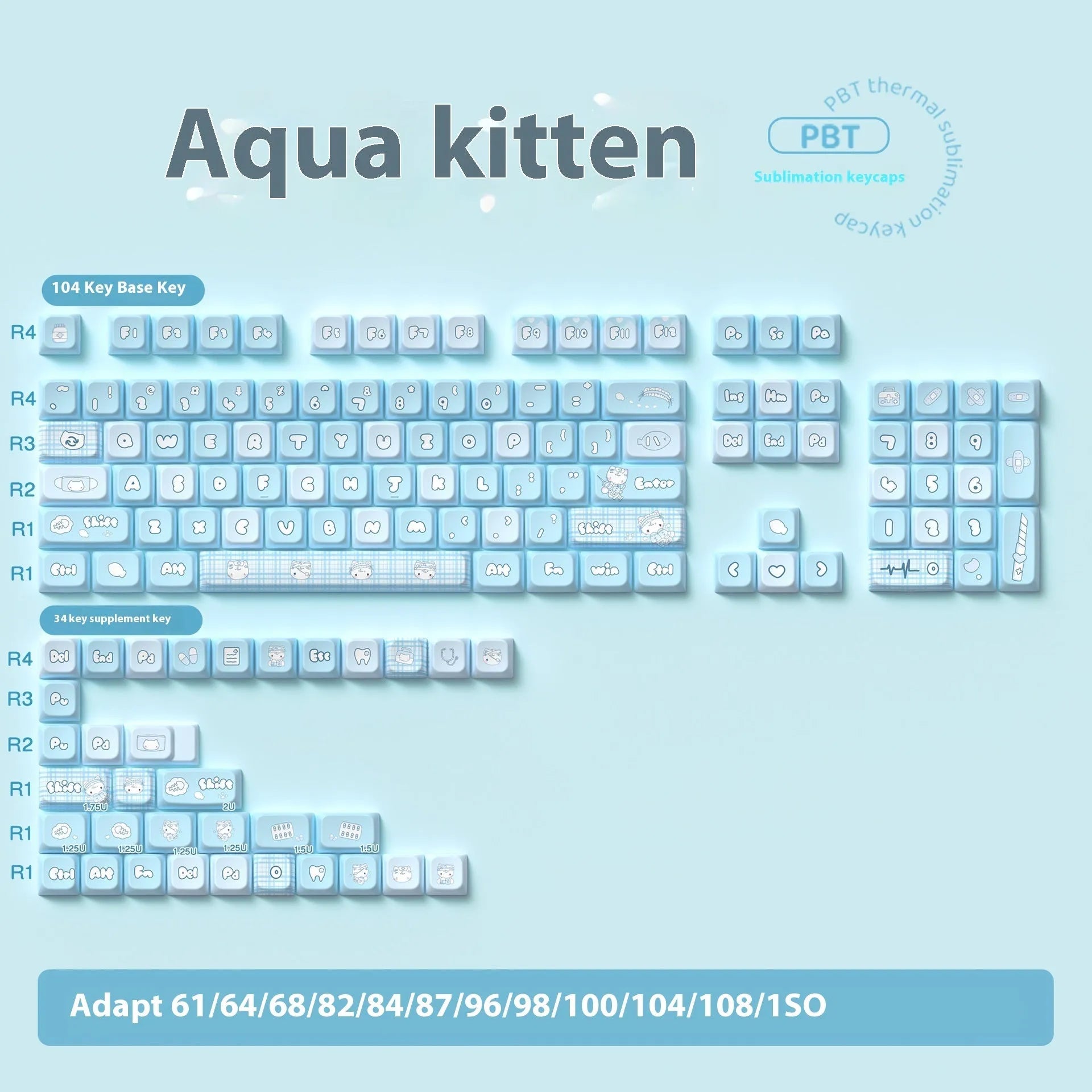 Watercolour kitten design custom PBT keycap set for mechanical keyboards, showing 138-key and 158-key options.