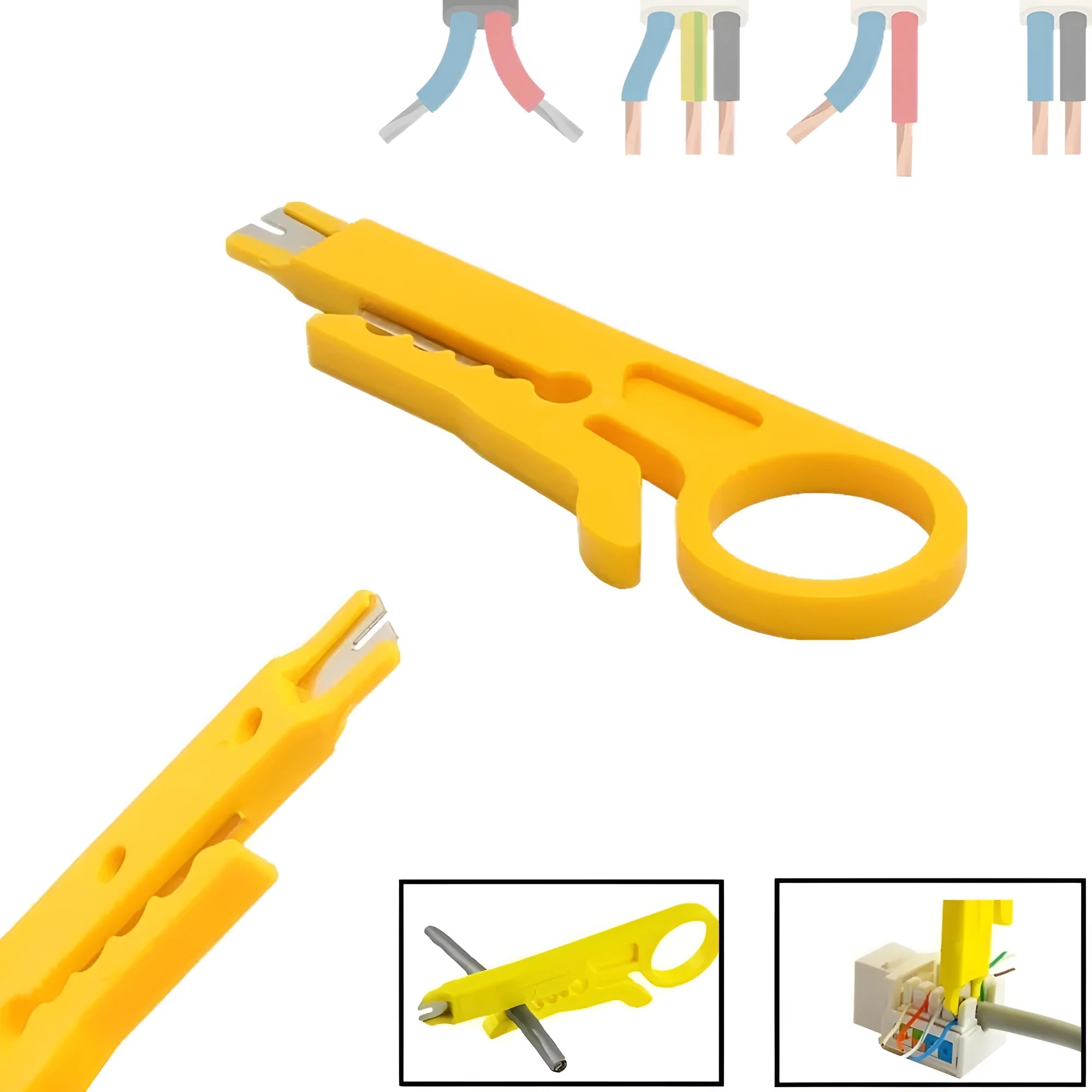 Yellow mini portable wire stripper tool with adjustable 0.6mm blade for network and telephone cables.