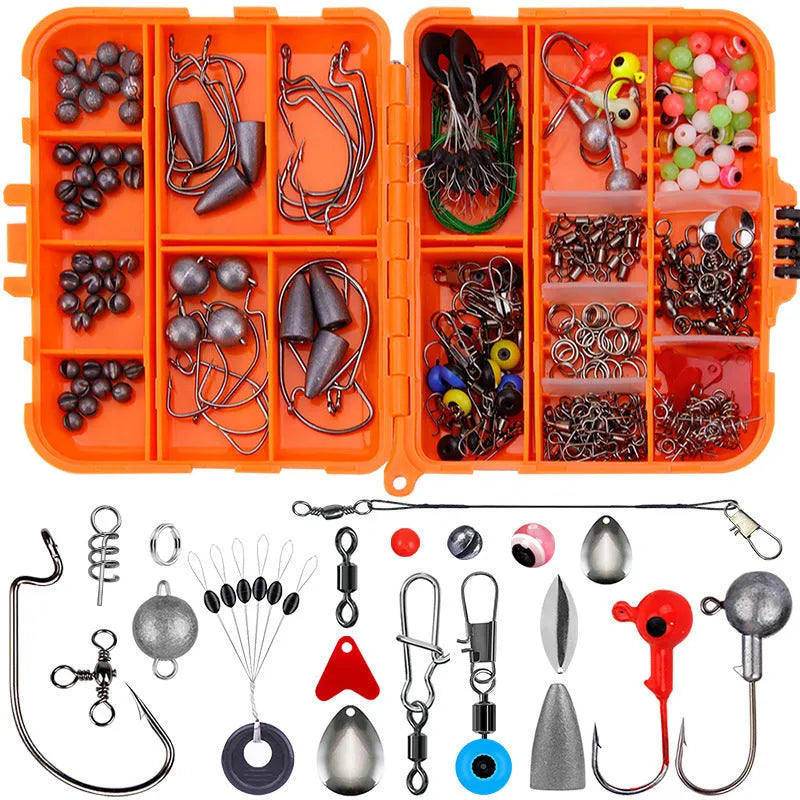 257-piece fishing lure accessories set in orange or black ABS storage box