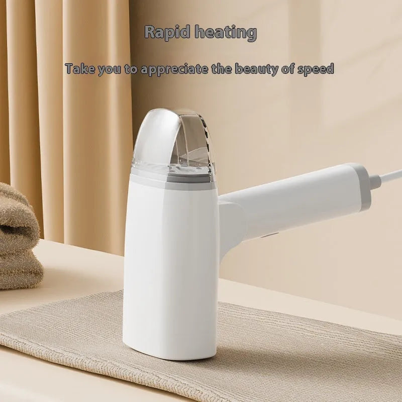 Blue and white handheld garment steamer with 1300W power and two temperature settings
