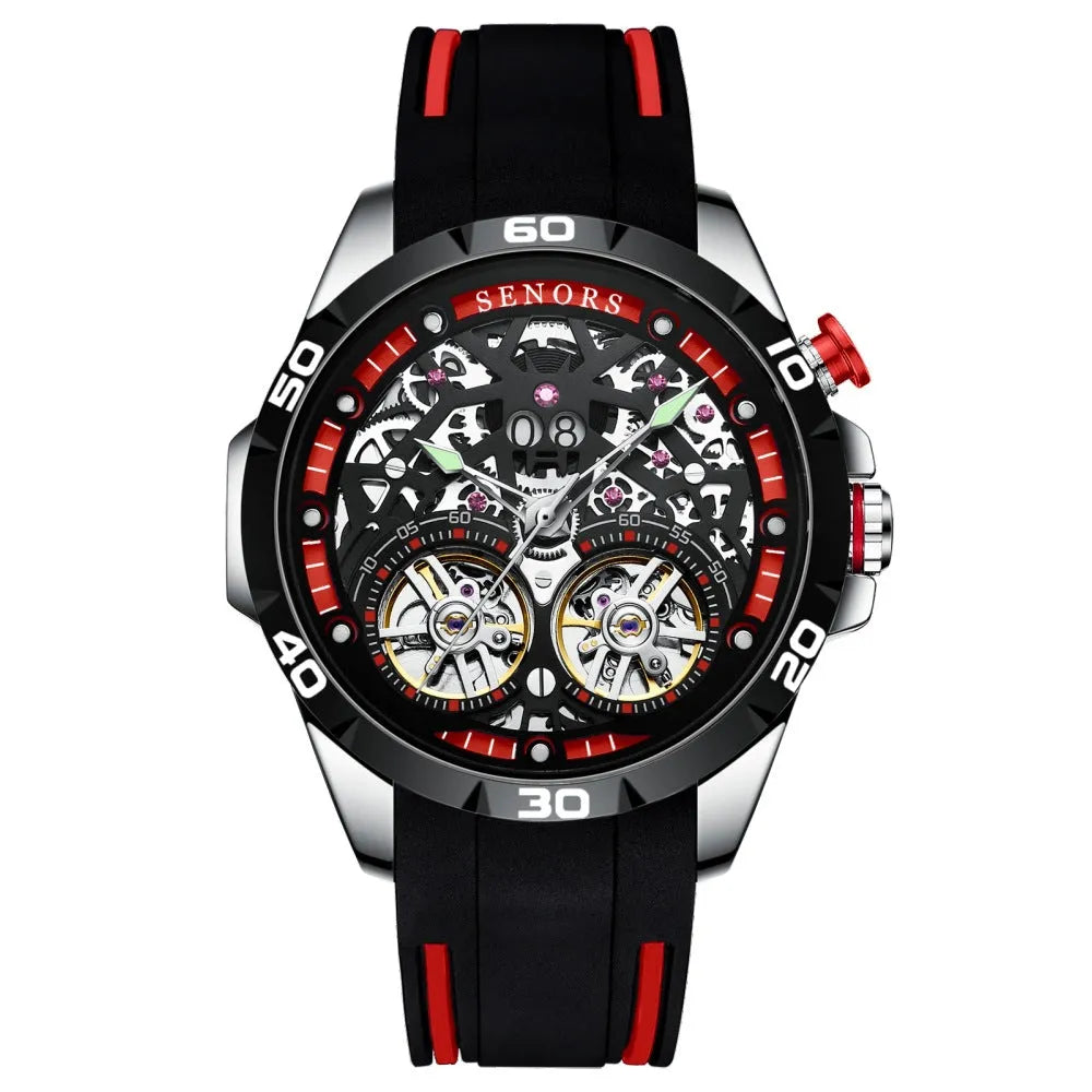 Men's automatic mechanical watch with hollow dial showing movement, luminous markers, blue or red options
