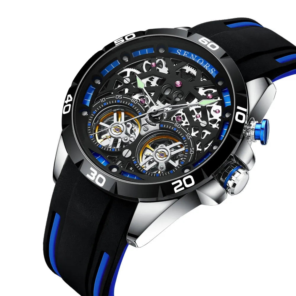 Men's automatic mechanical watch with hollow dial showing movement, luminous markers, blue or red options