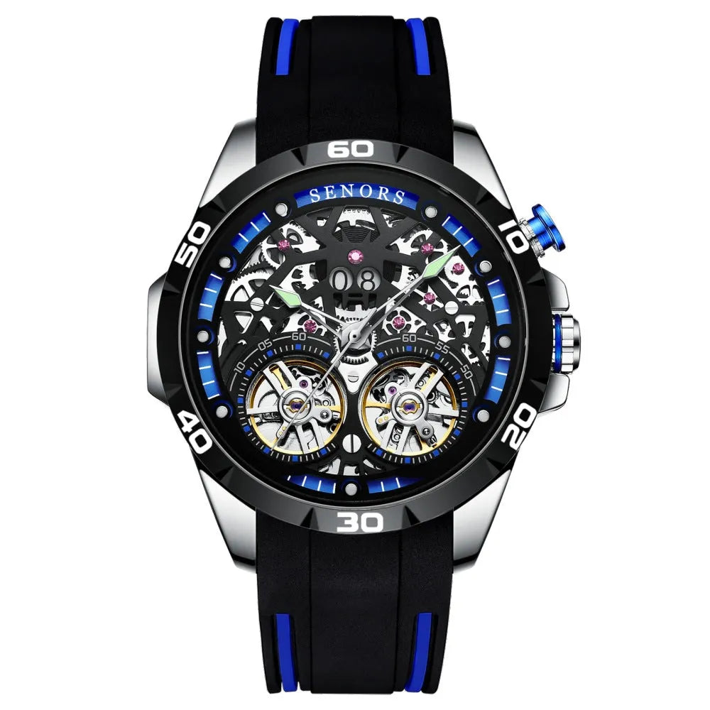 Men's automatic mechanical watch with hollow dial showing movement, luminous markers, blue or red options