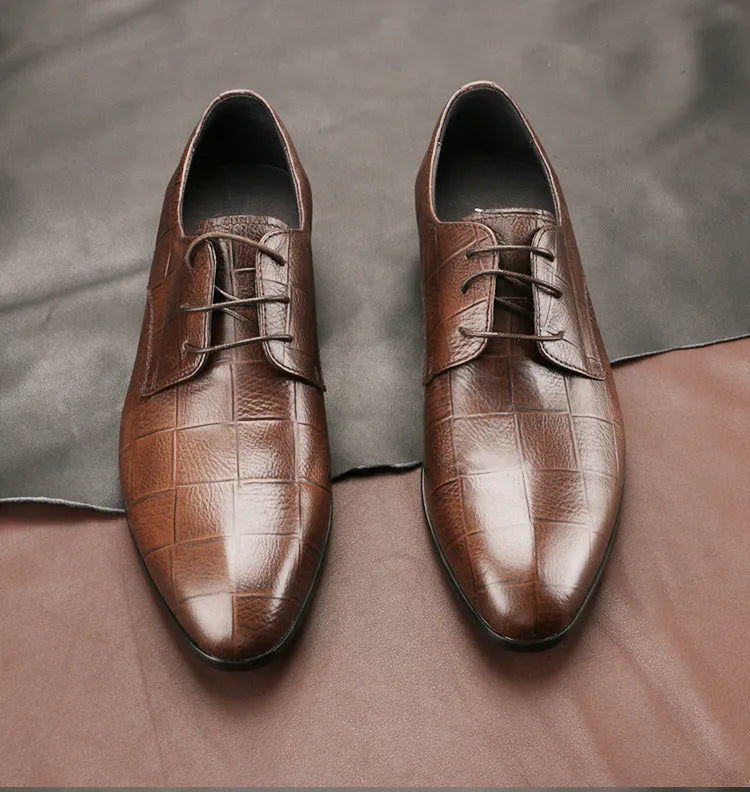 Men's black checkered cow leather derby shoes with pointed toe and handcrafted sewing detailing
