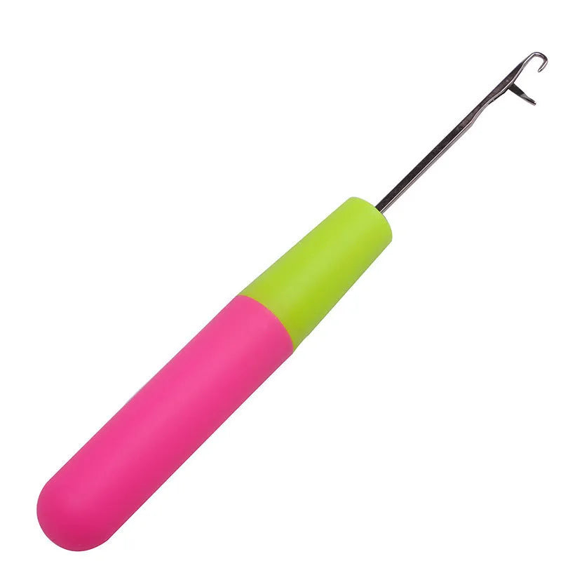 Crochet needle with yellow pink plastic handle and metal hook for dreadlock weaving