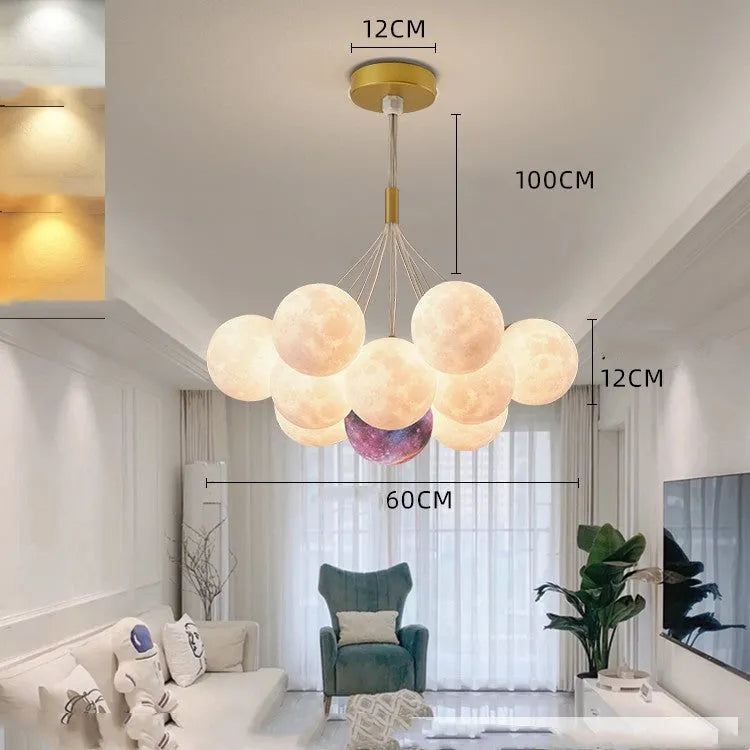 Nordic style bubble moon bedroom chandelier with gold iron body and spherical PMMA lampshades