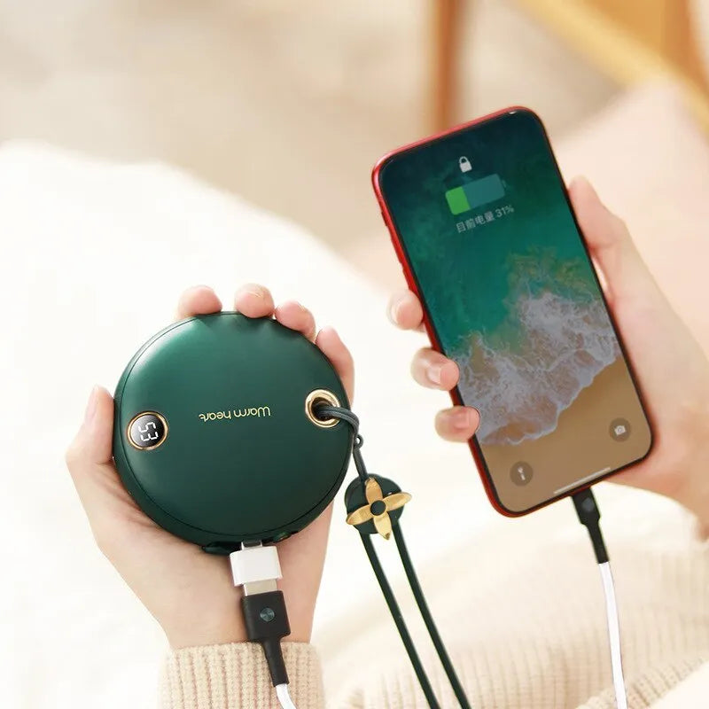 Square green hand warmer power bank with digital display showing battery percentage and Type-C charging port