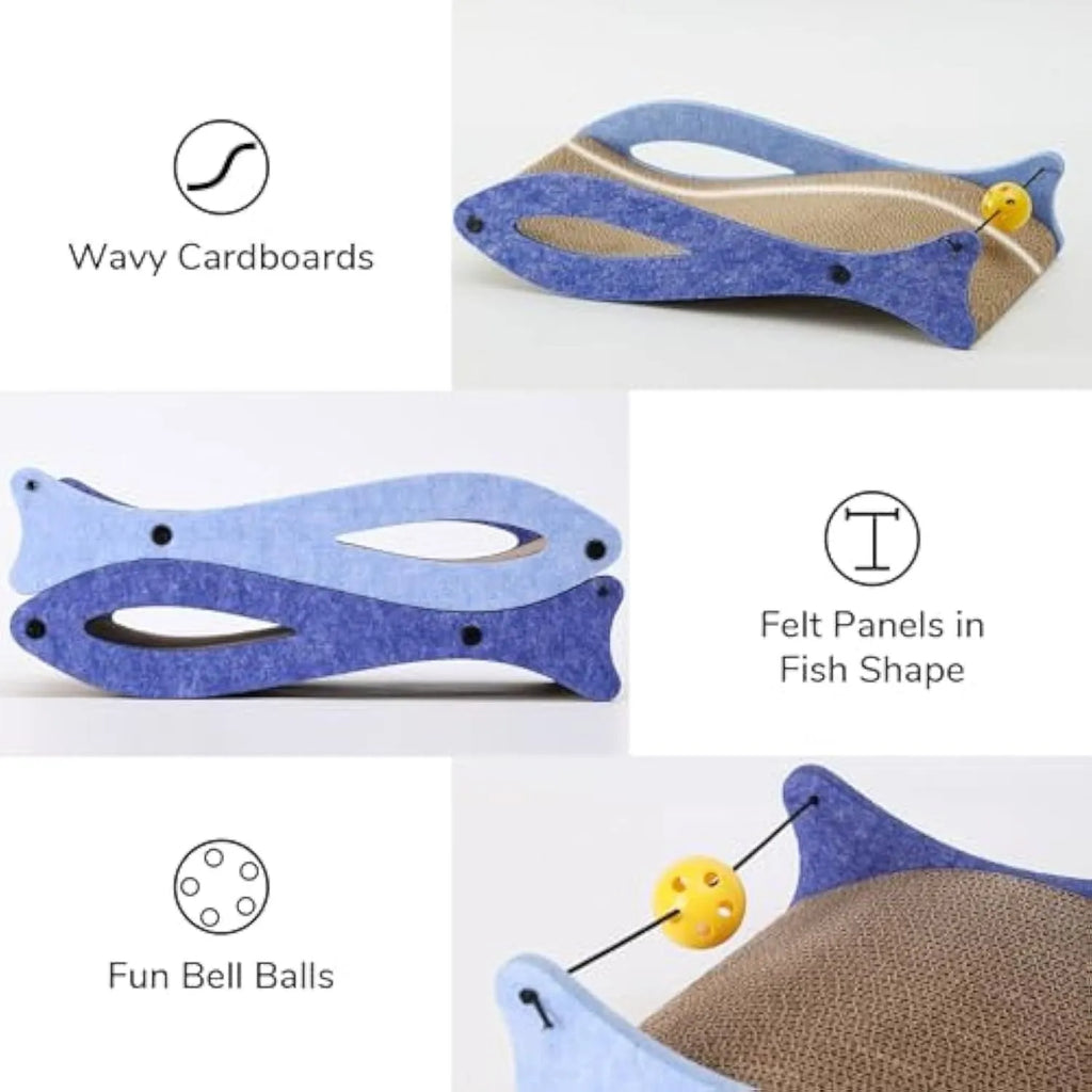 Blue fish-shaped cardboard cat scratcher lounge with a hanging bell toy for indoor cats