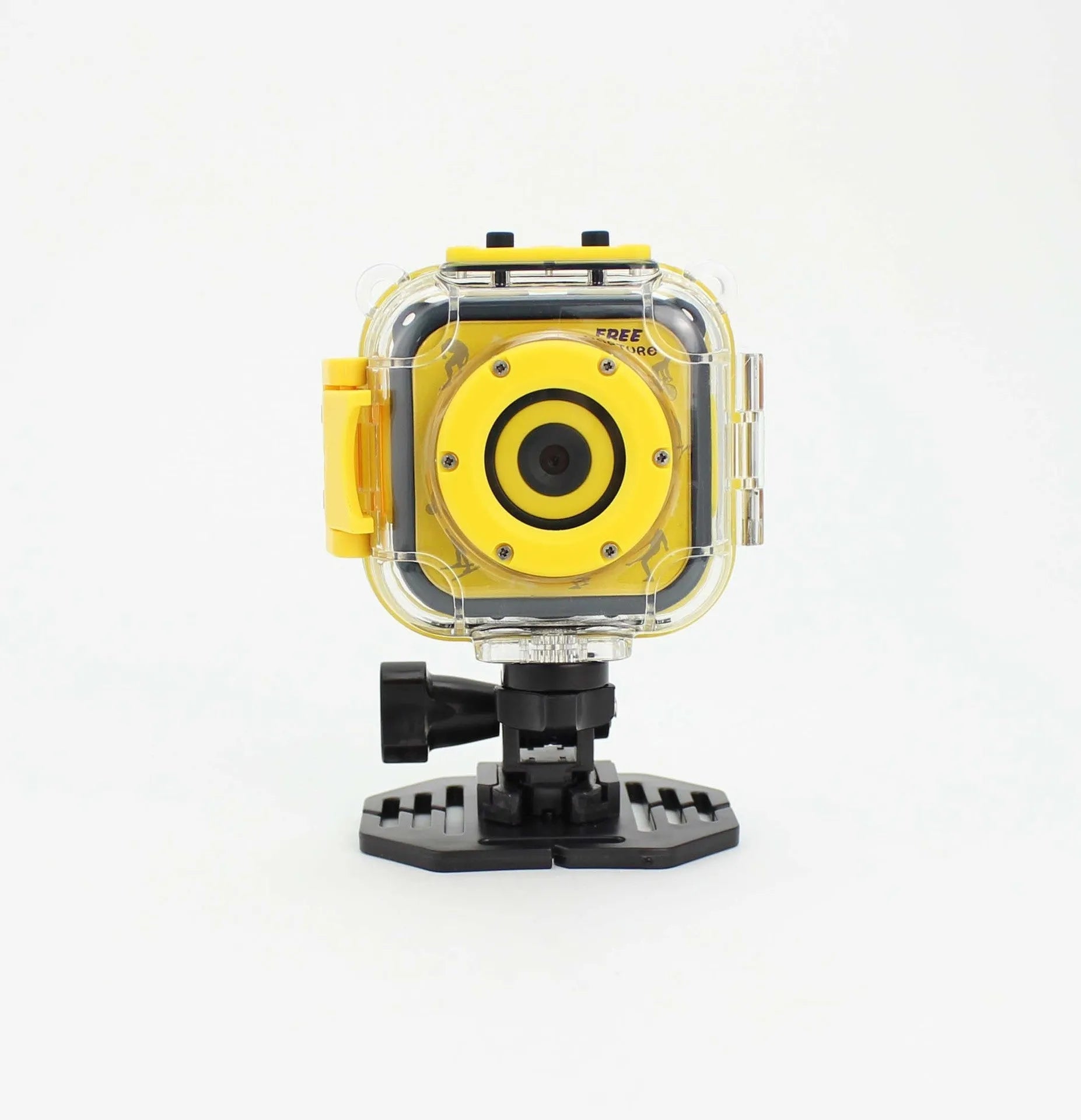 Yellow children's waterproof sports camera showing front with lens and 1.77-inch screen