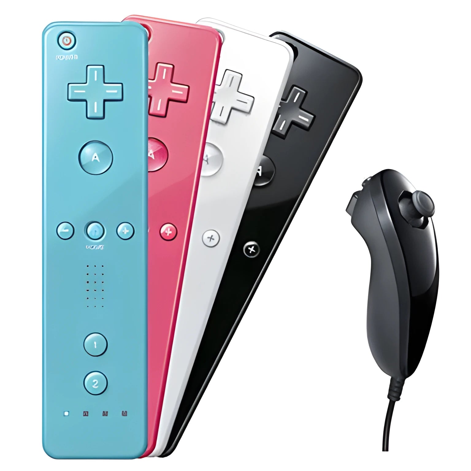 Wii wireless left and right gamepad controller set showing black, light blue, pink, red and white colour options