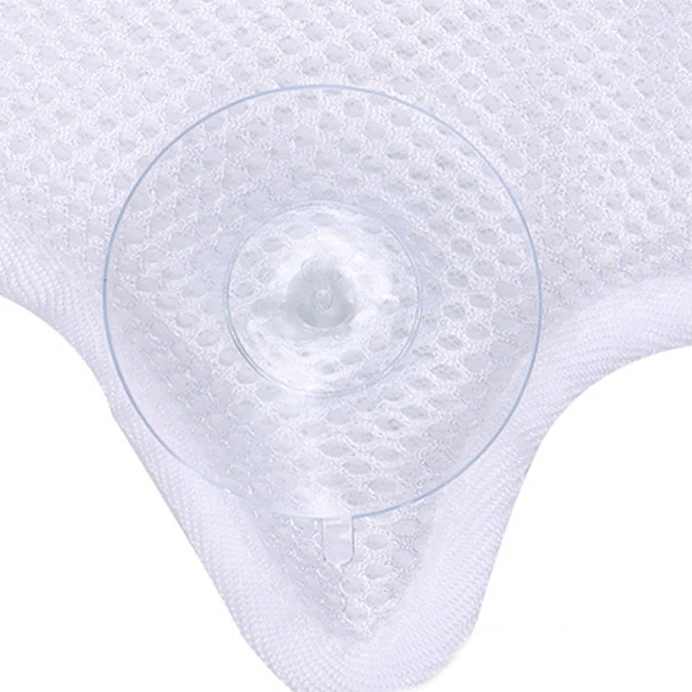 White ergonomic bathtub pillow with 5D mesh fabric and 55mm suction cups, 45cm square