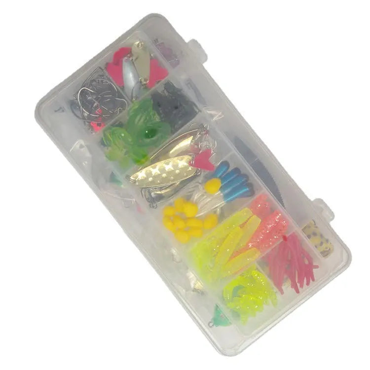 Fishing lure kit with 142 pieces showing hard minnow baits with sequins, soft plastic lures, and fishing pliers