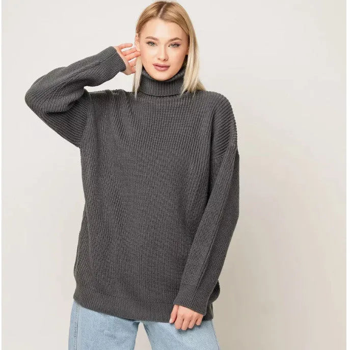 Women's high-neck loose-fit pullover sweater in a solid colour with long sleeves