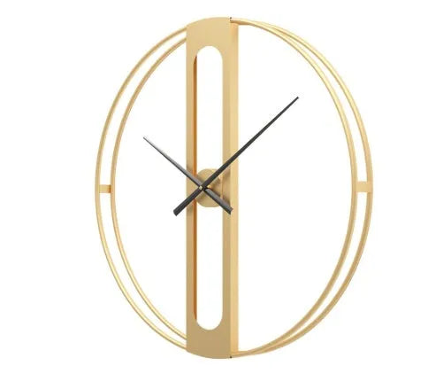 Round metal wall clock with 50cm diameter, shown in black and gold finish options.