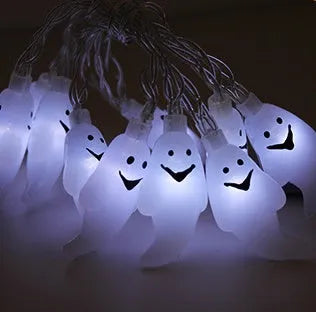 Halloween LED string lights with pumpkin bat ghost spider pendants on 1.2m white cord