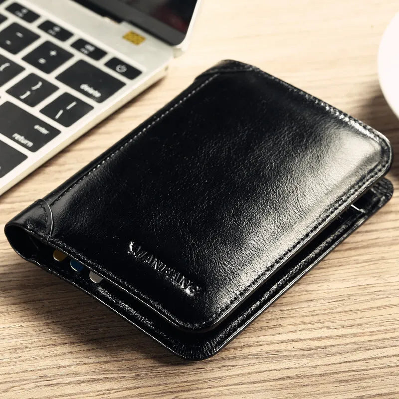 Men's leather wallet showing internal compartments including card slots, hidden pocket and photo position