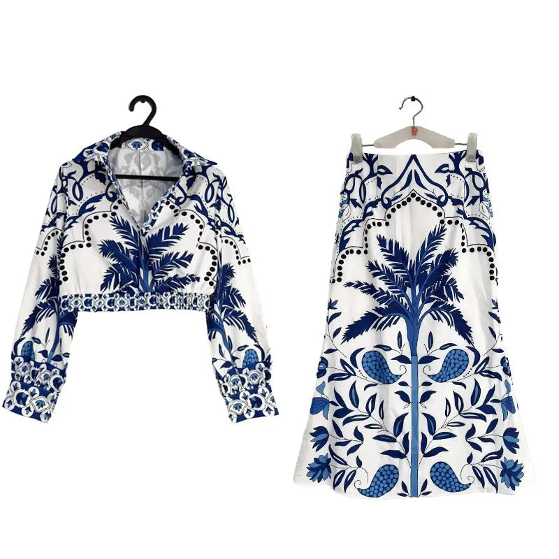 Women's floral print casual set with long sleeve top and long matching skirt.