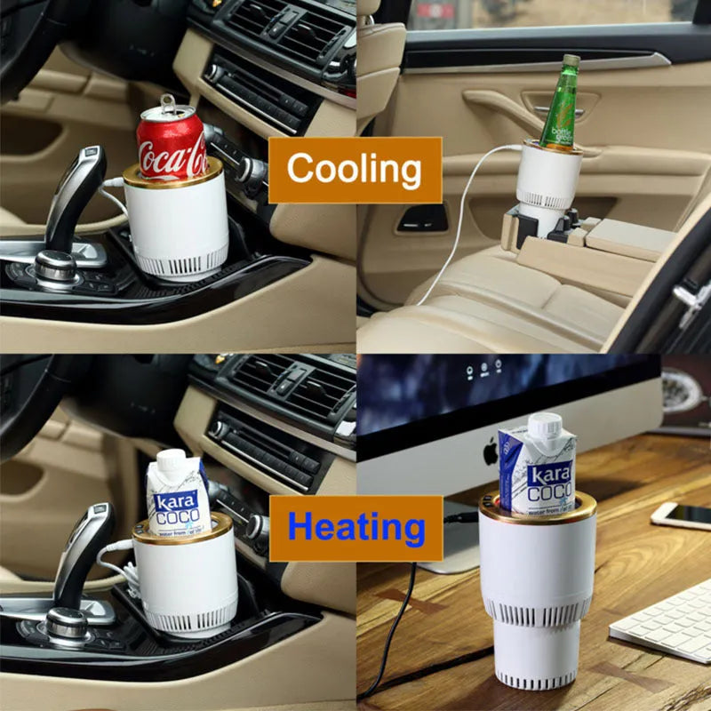 White car cup heater and cooler plugged into vehicle 12V outlet with aluminium interior and control buttons