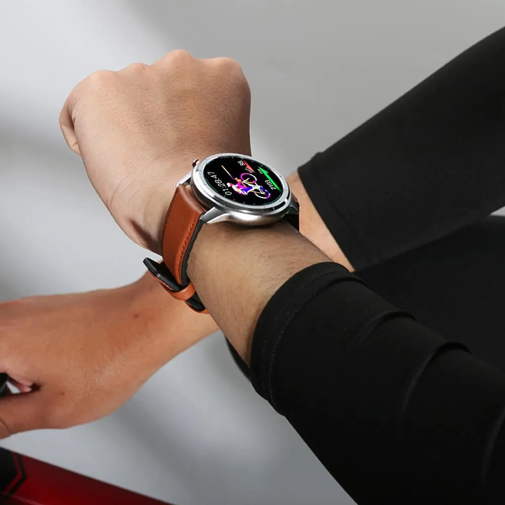 LEMFO LF26 smart bracelet on a wrist, showing its 1.3-inch screen and side button.