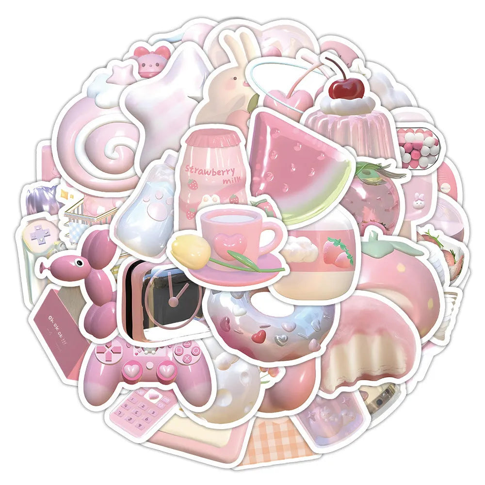 63-piece decorative sticker set with realistic 3D pink girl heart designs in two distinct patterns