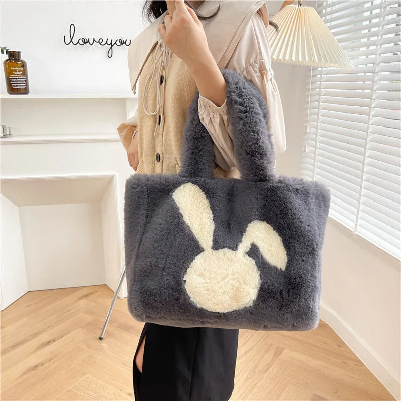 Cartoon rabbit ears plush shoulder bag in solid colour with large capacity