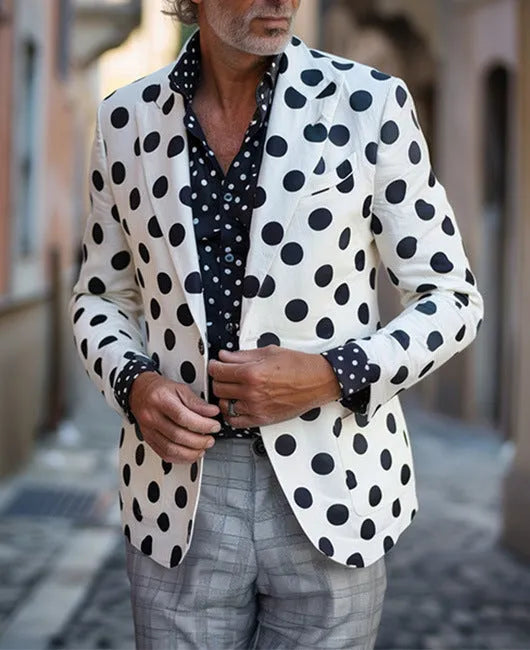 Men's black slim fit suit jacket with two buttons and large top-stitching pockets