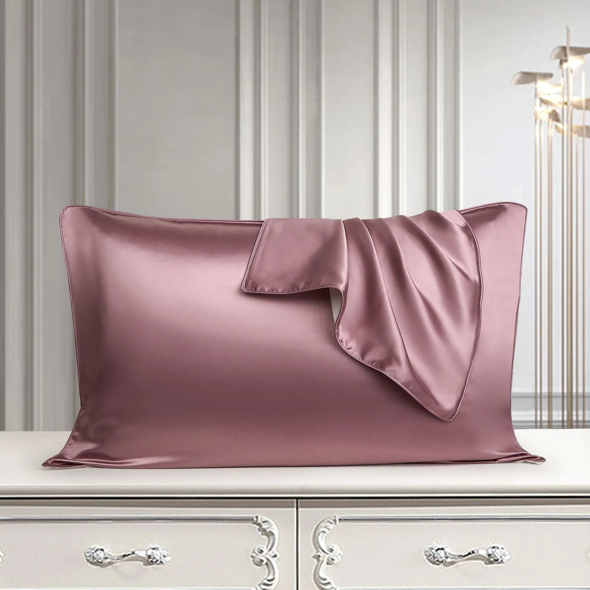 100% mulberry silk single pillowcase in 48x74cm size with inlaid rope weave, shown in Bean Paste Purple.