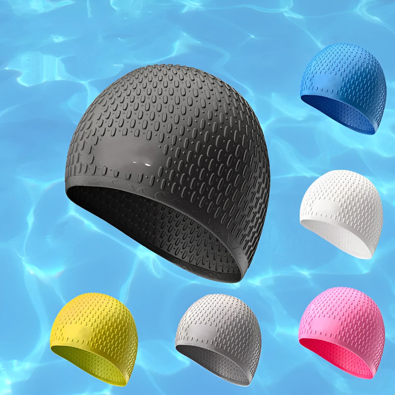 Silicone swimming cap with water drop design in solid colour options