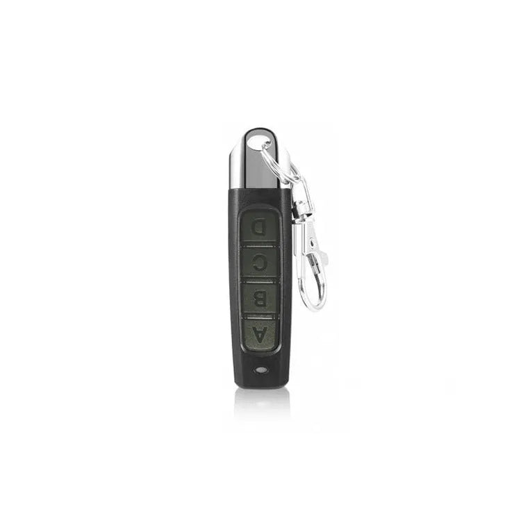 A handheld 433MHz remote control for garage rolling doors, shown in one of four colour options.