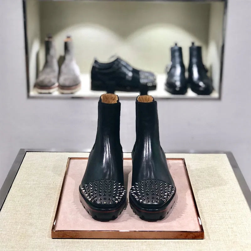 Black high-top leather business casual shoes with a cowhide upper and leather sole.