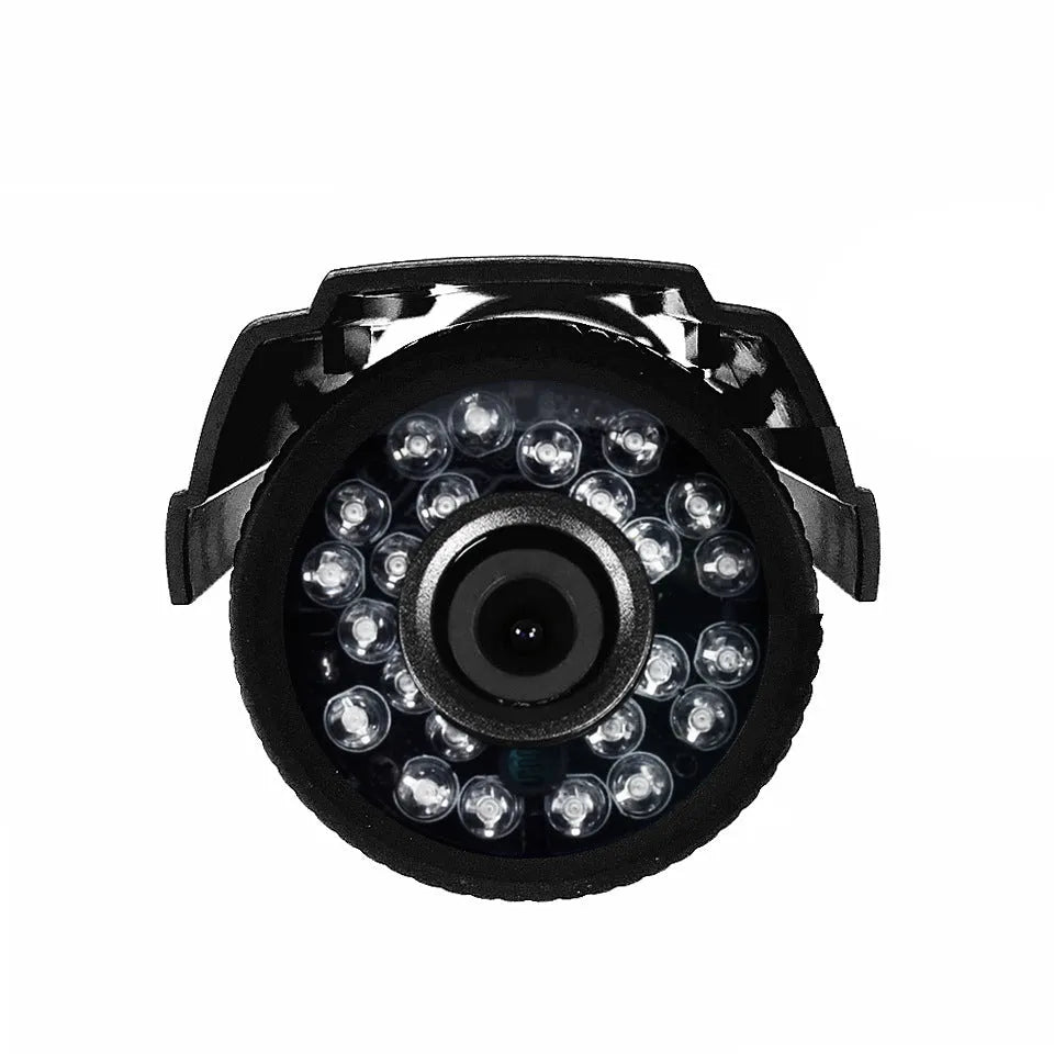 Black AHD HD waterproof surveillance camera with infrared LEDs for night vision.