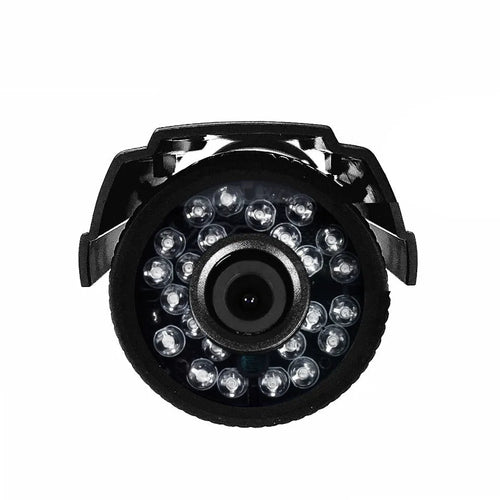 Black AHD HD waterproof surveillance camera with infrared LEDs for night vision.