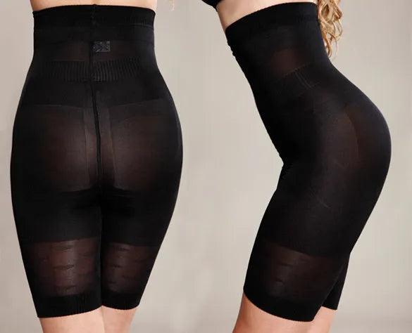 Women's seamless high-waist shapewear short in black on a mannequin, showing tummy control design.